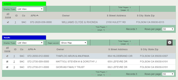 A ParcelQuest screenshot showing the results of a property search in list view