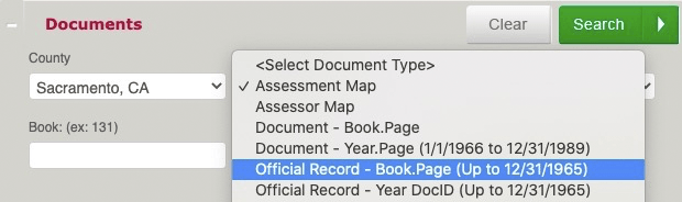 A screenshot of ParcelQuest showing search by recorded document