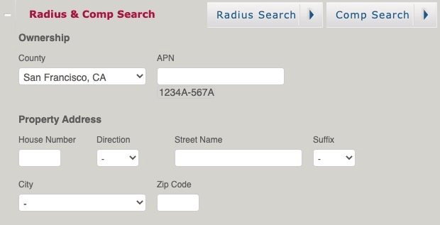 A screenshot of the Radius & Comp Search tool in ParcelQuest