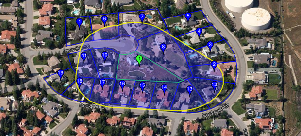 A top-down photographic view of a California neighborhood, showing parcel boundaries, location pins, and shaded for custom drawn shapes