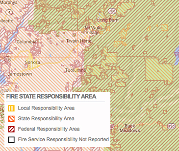 A Fire State Responsibility Area map showing local, state, and federal responsibility areas