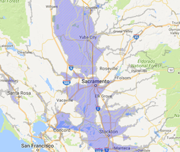 A map showing Sacramento, California. The city and surrounding areas like Yuba City and Stockton are shaded in purple