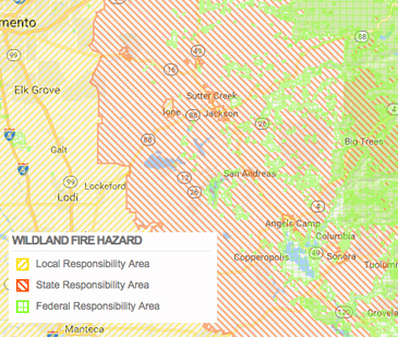 A shaded Wildland Fire Hazard map showing local, state, and federal responsibility areas