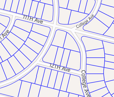A simple parcel boundaries map showing an intersection of 11th, 12th, and College Ave