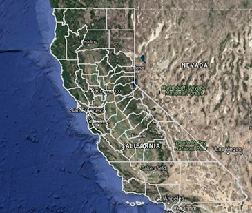 A topographic map of California overlaid with county boundaries in white