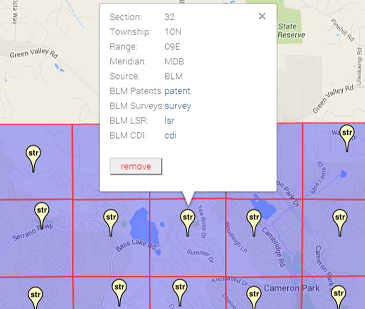A screenshot of the ParcelQuest interface showing data for a point on a grid map