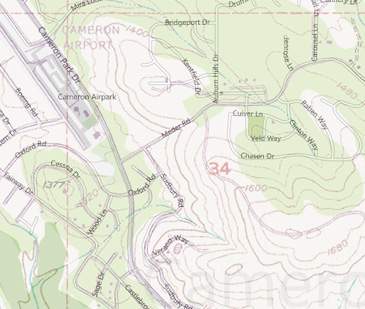 A contour map showing the area near Cameron Airport