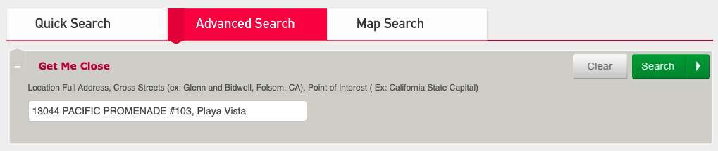 Screenshot of the ParcelQuest interface showing the same address being searched in Advanced Search, taking advantage of the “Get Me Close” feature.”] 