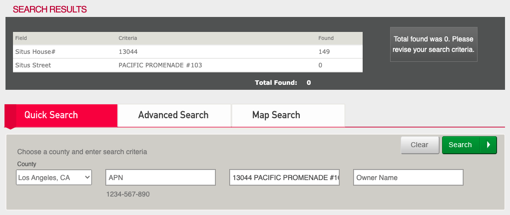Screenshot of the ParcelQuest search interface showing zero results for a complete address