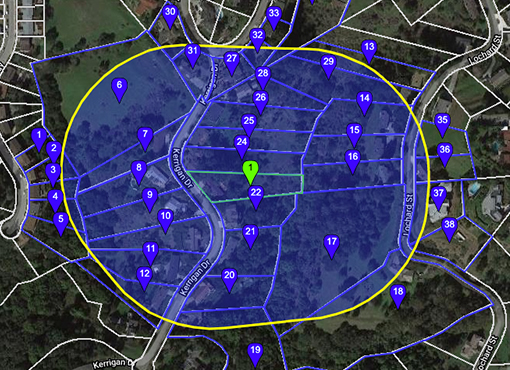 A view of the ParcelQuest interface showing all of the land parcels within a drawn buffered shape