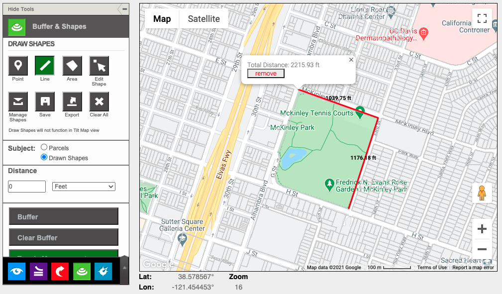 A view of the ParcelQuest interface showing the line tool being used to calculate distance on two sides of a parcel.