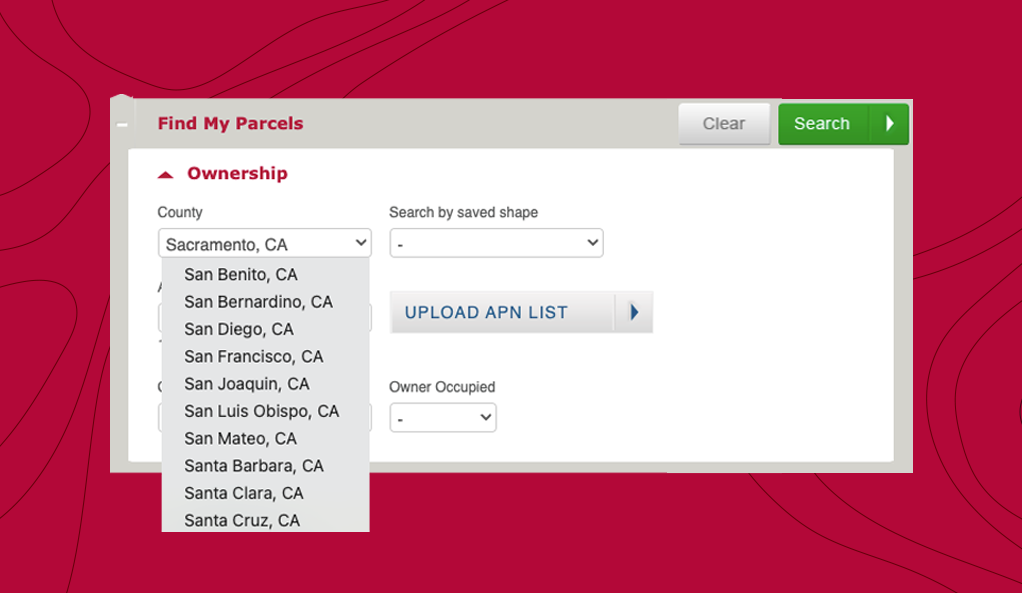 ParcelQuest example of search interface with county dropdown