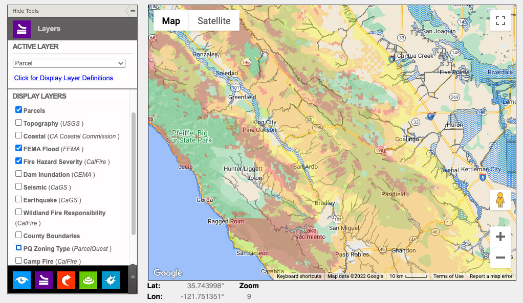 Parcels, FEMA Flood and Fire Hazard Severity layers in ParcelQuest Gateway