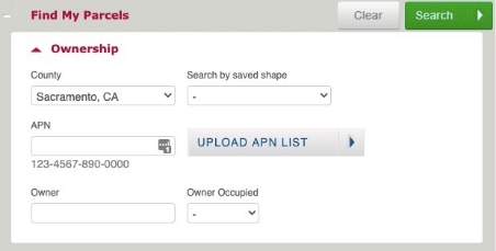 Example of a ParcelQuest “Find My Parcels” form.