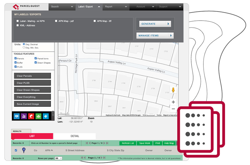 exports-v1 An example of the label and export options available in ParcelQuest, including mailing labels, APN maps, and features that can be toggled like buffers and shapes