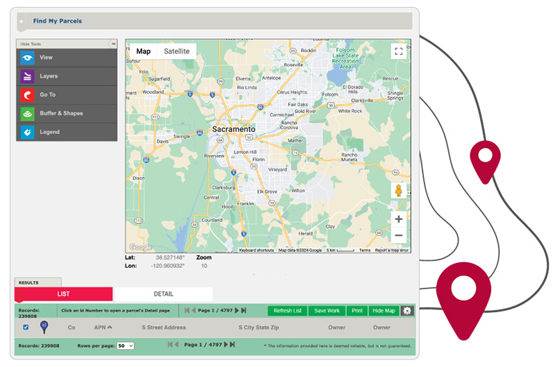 find-my-parcels-v1 An example of ParcelQuest's map viewer, showing the parcel boundaries and available map layers near Sacramento when searching by geographic area