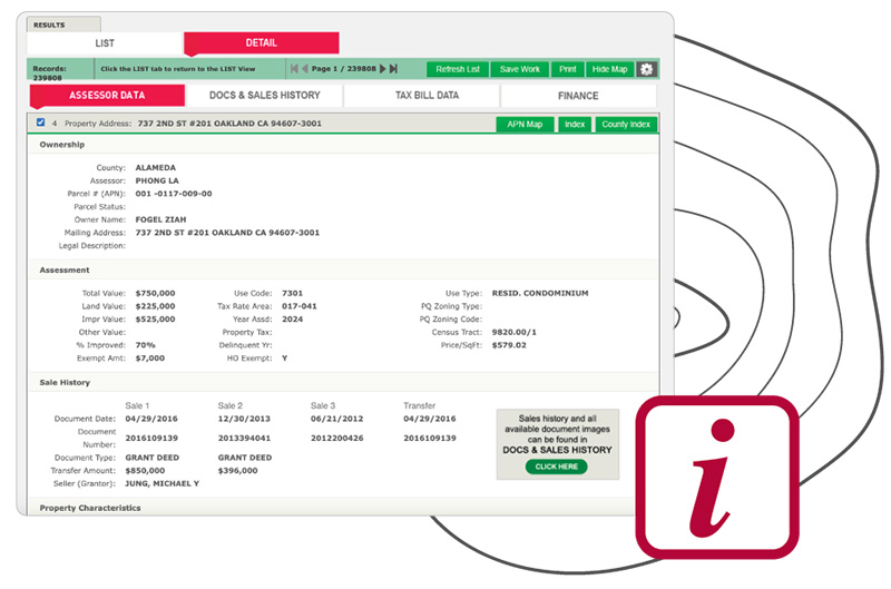 property-details-v1 An example of the available assessor data in ParcelQuest for a specific property, including ownership, assessment, sales history, and property characteristics