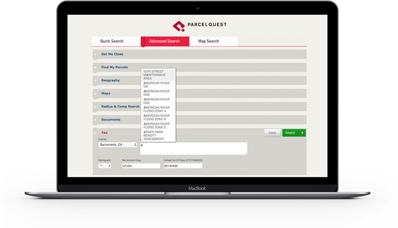 search-page-v1 A screencap of the ParcelQuest Advanced Search interface, showing tax records available for select properties in Sacramento