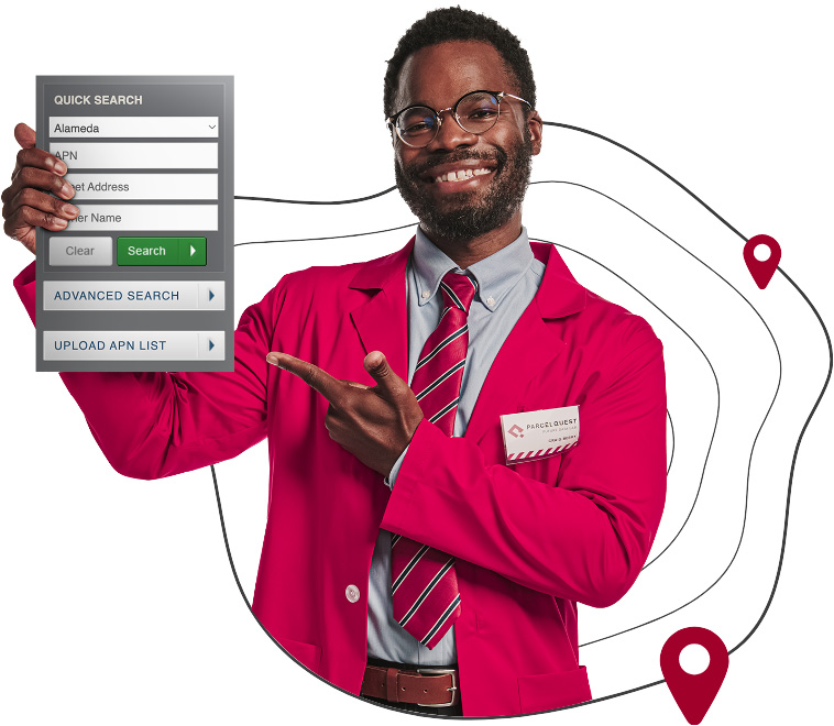 parcel-search-hero-v3 A ParcelQuest Obsessialist cheerfully holds up the ParcelQuest quick search interface, showing how easy it is to find parcel data on our platform