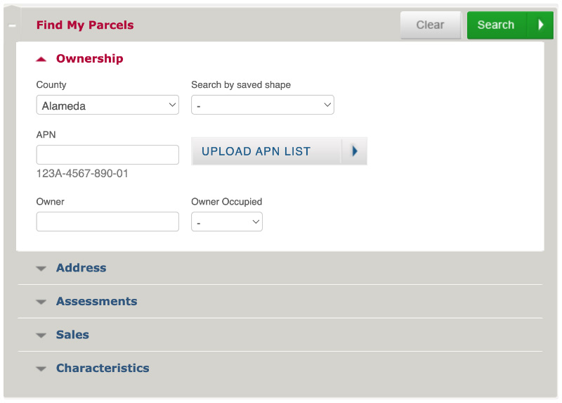 parcel-search-screenshot-v2 A screencap of the Find My Parcels field on ParcelQuest, showing ownership search by county, APN, owner name, and more