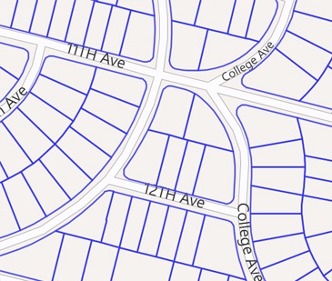 A clean map of several streets and parcel boundaries with no extraneous details