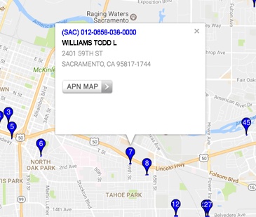 A sample owner result in ParcelQuest for Todd Williams in Sacramento, with a link to view the APN map