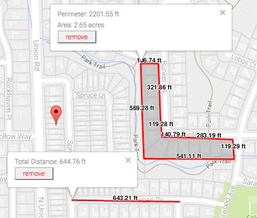 A sample view of the custom shape tool in ParcelQuest, showing the area of a custom defined shape