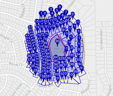 A screenshot of ParcelQuest showing location pins for many numbered parcels in a clustered view for a custom defined shape