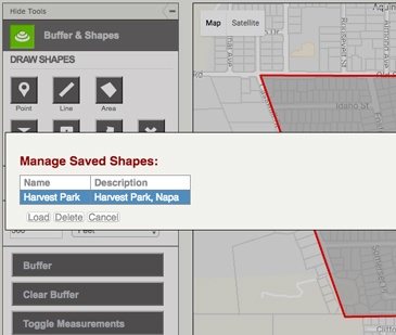 A screenshot of the ParcelQuest interface showing how to manage saved shapes