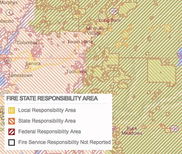 A Fire State Responsibility Area map showing local, state, and federal responsibility areas