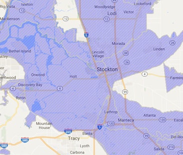 A shaded map centered on Stockton, California