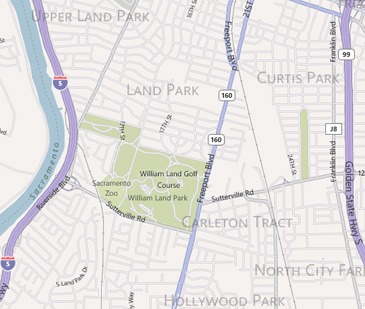 A map zoomed in to william Land Golf Course and Sacramento Zoo