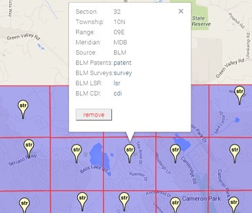 A screenshot of the ParcelQuest interface showing data for a point on a grid map