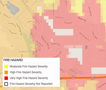 A fire hazard map showing areas of moderate, high, and very high fire hazard severity