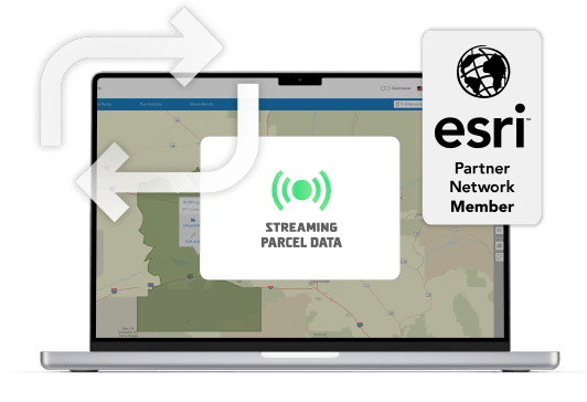 Esri Partner Network badge with a computer screen showing ParcelQuest streaming data into ArcGIS