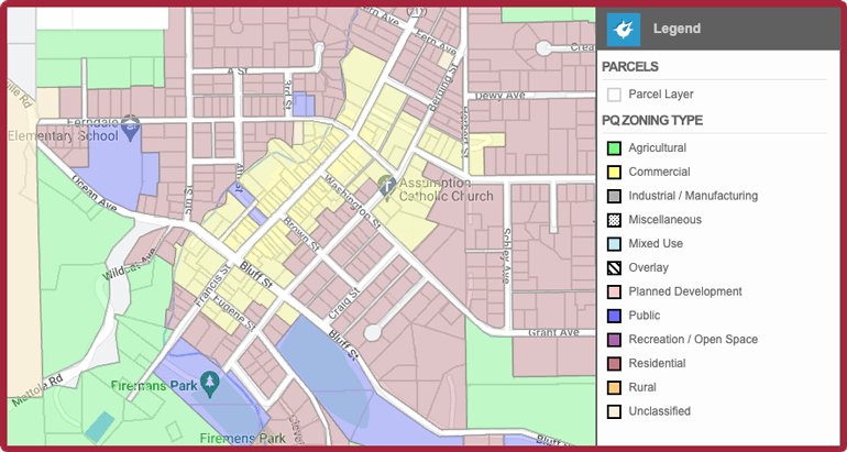 Map of California parcel layer with PQ Zoning type color overlay showing twelve zoning categories