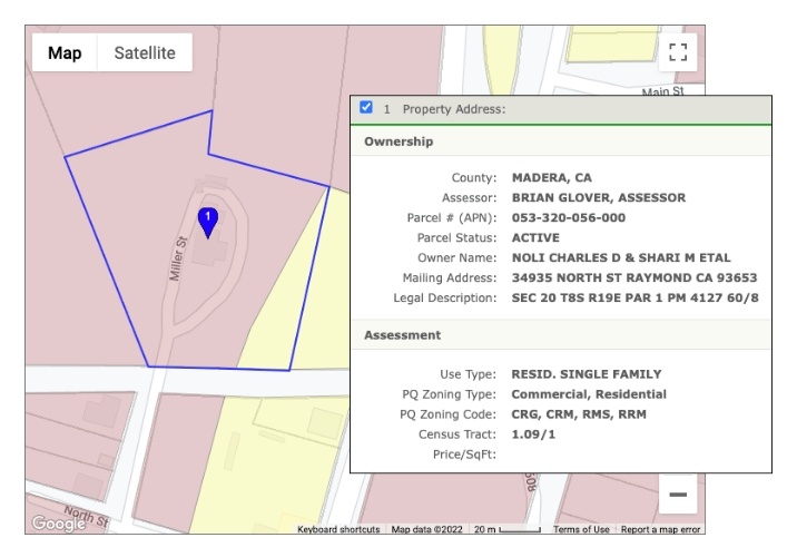 Screenshot showing PQ Zoning codes displayed alongside parcel data in ParcelQuest