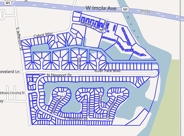 Parcel map showing boundary lines drawn on a street map layer in ParcelQuest