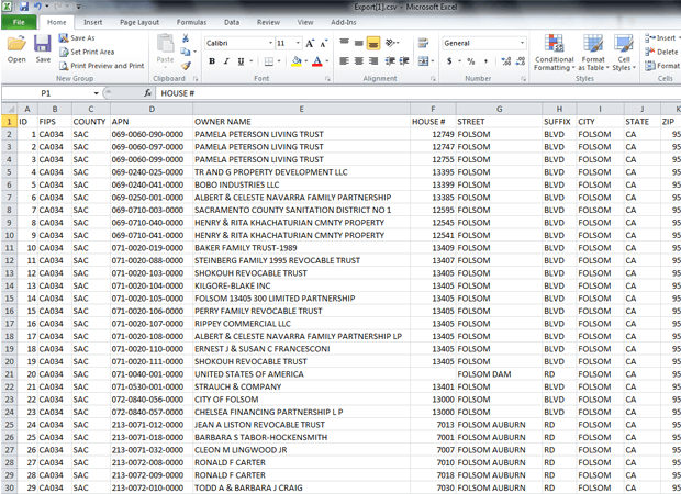 Exporting parcel data into an Excel spreadsheet