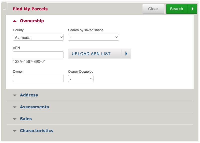 A screencap of the Find My Parcels field on ParcelQuest, showing ownership search by county, APN, owner name, and more