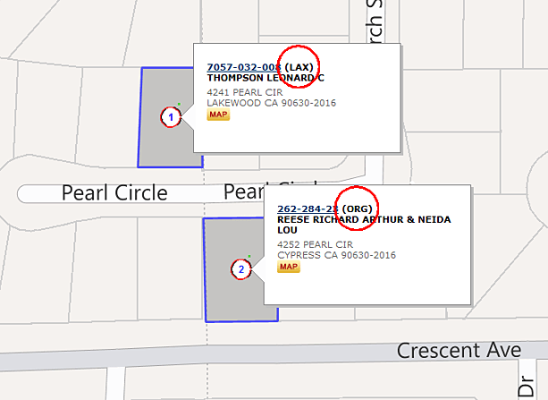 ParcelQuest screenshot showing two different parcels and their quick view parcel data