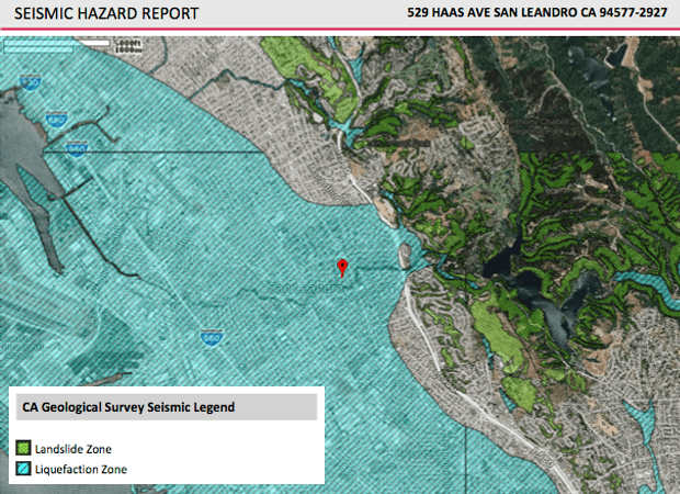 Seismic Hazard report displaying U.S. Geological Survey Landslide and Liquefaction Zones