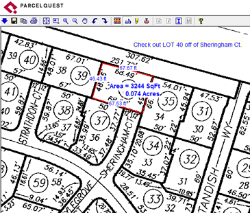PQ Online APN map showing measure and highlight tools for tracing parcel areas
