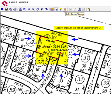 PQ Online APN map with blue arrow markers identifying specific property features