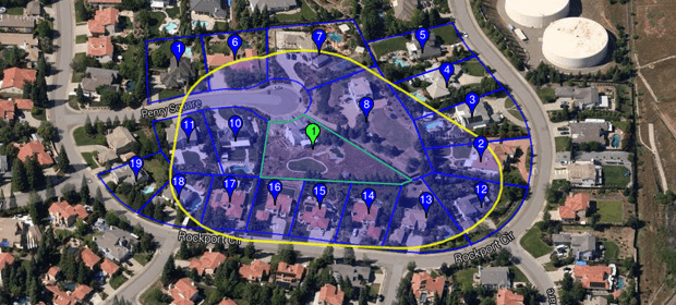 A top-down photographic view of a California neighborhood, showing parcel boundaries, location pins, and shaded for custom drawn shapes